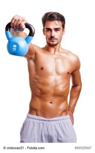Fitness man exercising his shoulders, isolated on white background